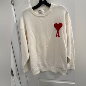 Ami Off-White Sweater with Red Heart Detail